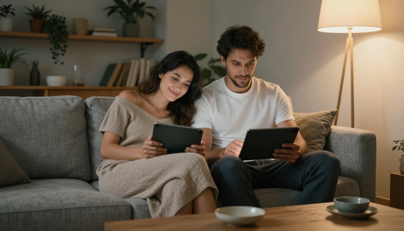 Couple on gray linen sofa laughing at tablet together in warm lamplight
