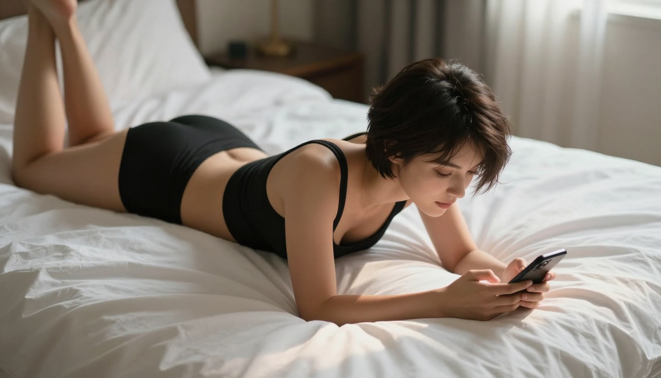 Woman with short dark hair on white bed reviewing smartphone in morning sidelight
