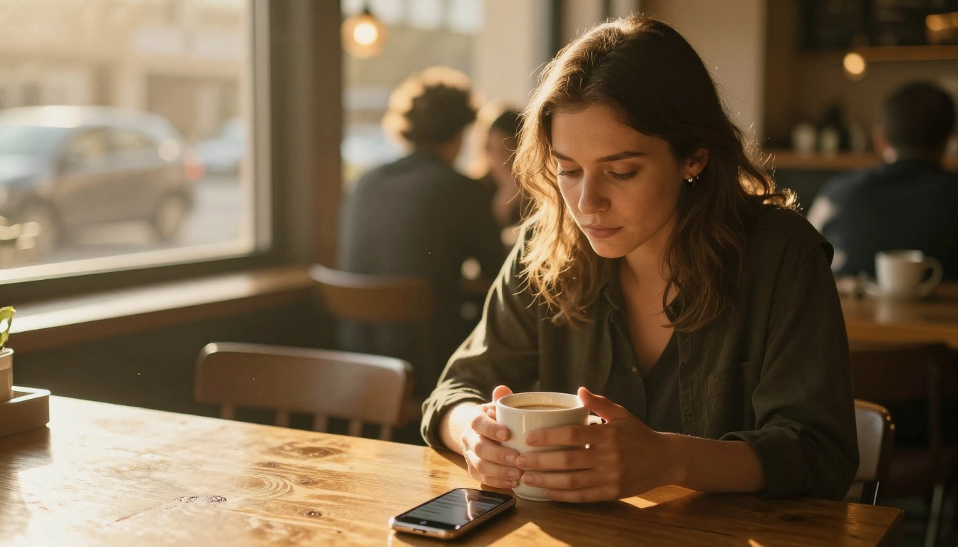 A thoughtful woman in a golden-lit cafe contemplating a conversation on her phone