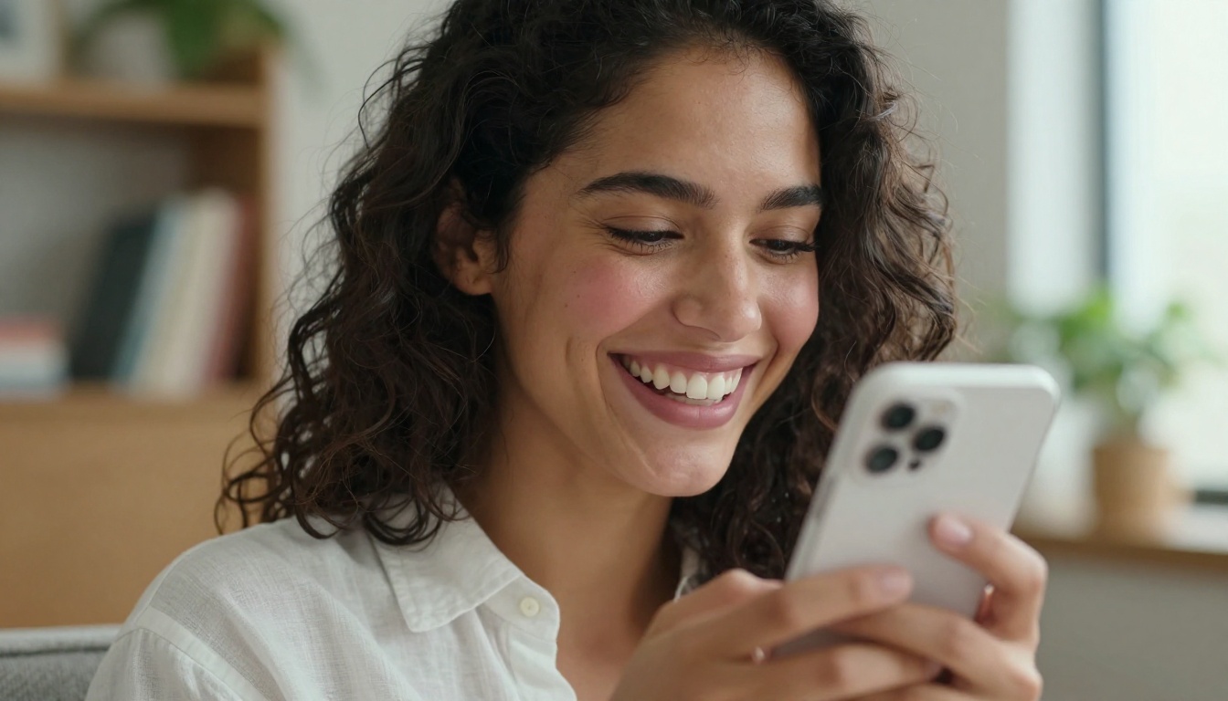 A woman laughing genuinely at a message on her smartphone