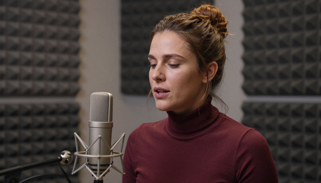 A confident woman speaking into a professional studio microphone with warm tungsten lighting