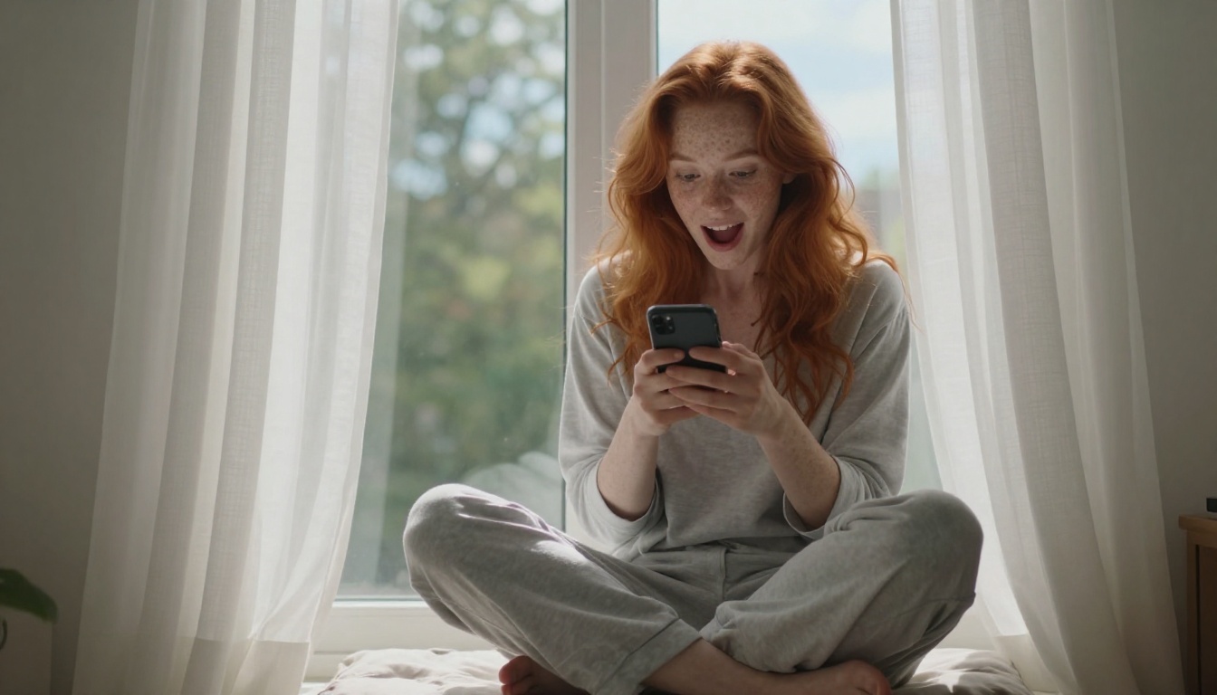 A woman with copper-red hair on a window seat experiencing genuine delight at her phone in soft morning light