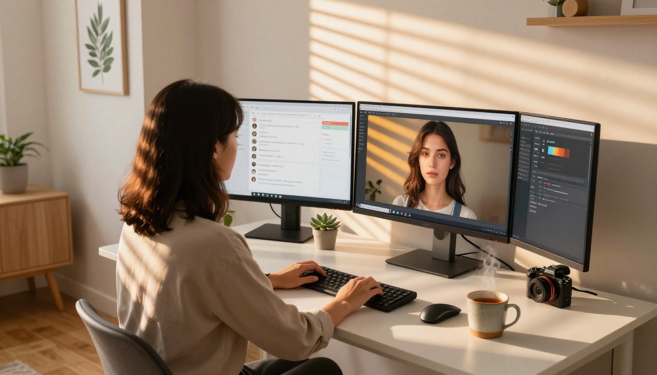 A woman at a home office with two monitors showing AI chat and portrait generation interfaces