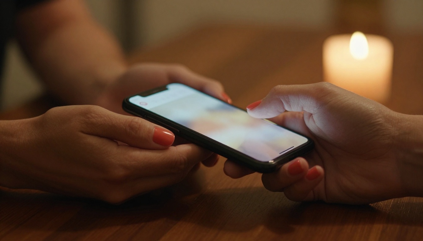 Two hands holding a phone in warm candlelight with 100mm macro depth of field