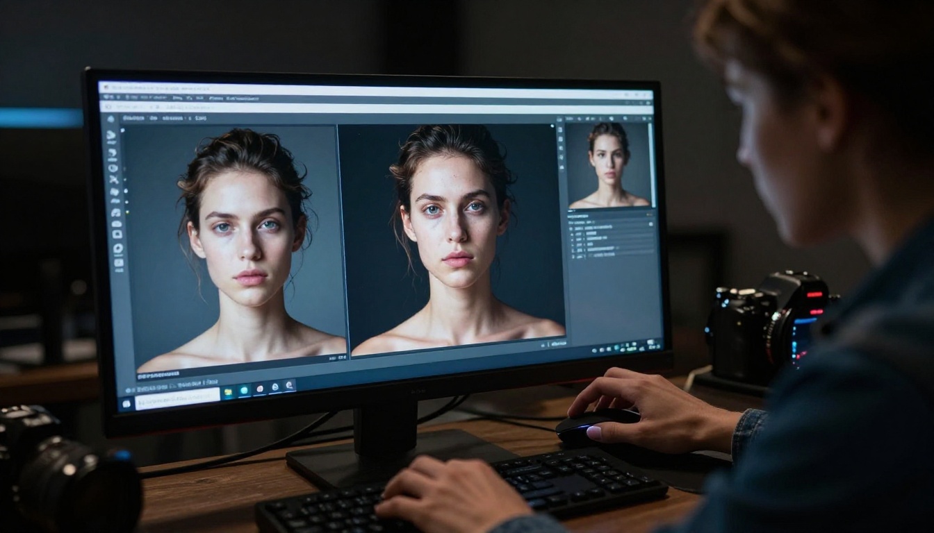 Professional photographer reviewing AI-generated portraits on studio monitor Professional photographer reviewing AI-generated portraits on studio monitor