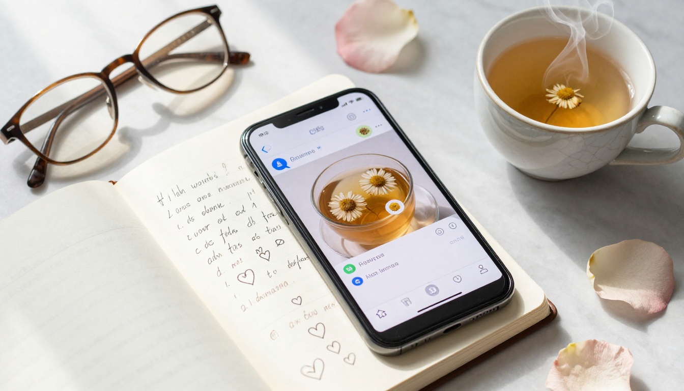 An overhead flat lay of a smartphone, open journal, rose petals, and chamomile tea on marble, representing personal memory and connection