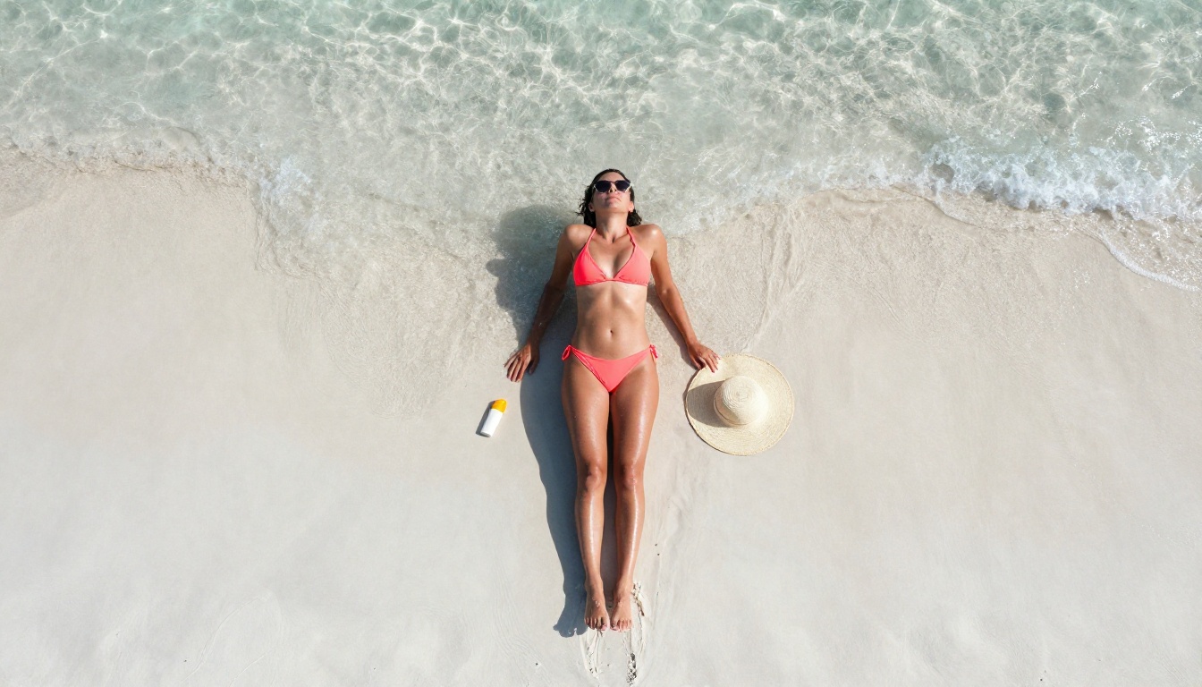 Woman in coral bikini photographed from drone above on white sand beach Woman in coral bikini photographed from drone above on white sand beach