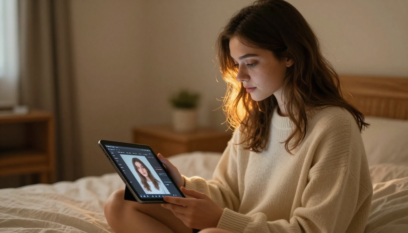 Young woman on bed browsing AI image generation interface on tablet Young woman on bed browsing AI image generation interface on tablet