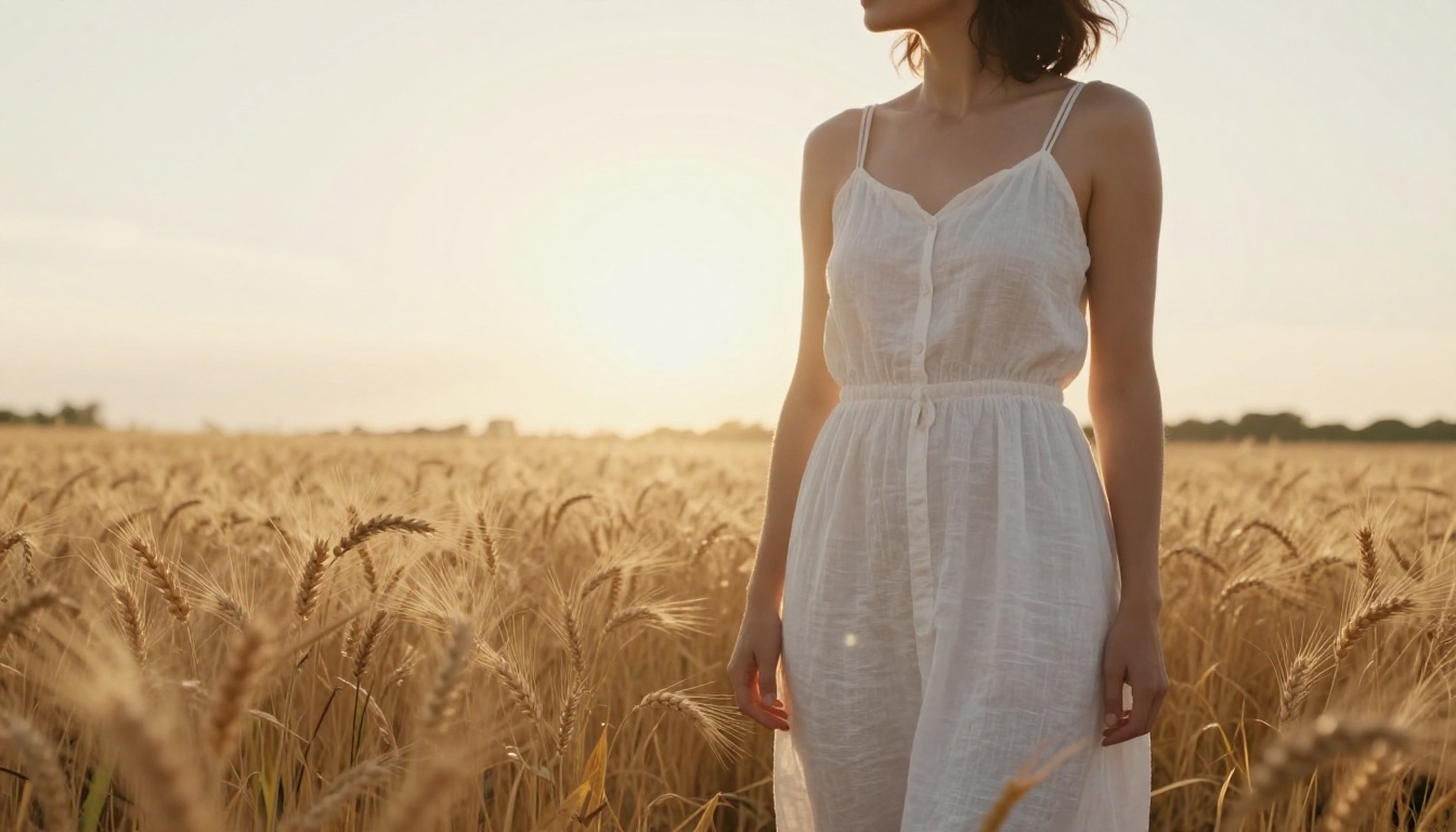 Woman in white sundress standing in golden wheat field at sunset Woman in white sundress standing in golden wheat field at sunset