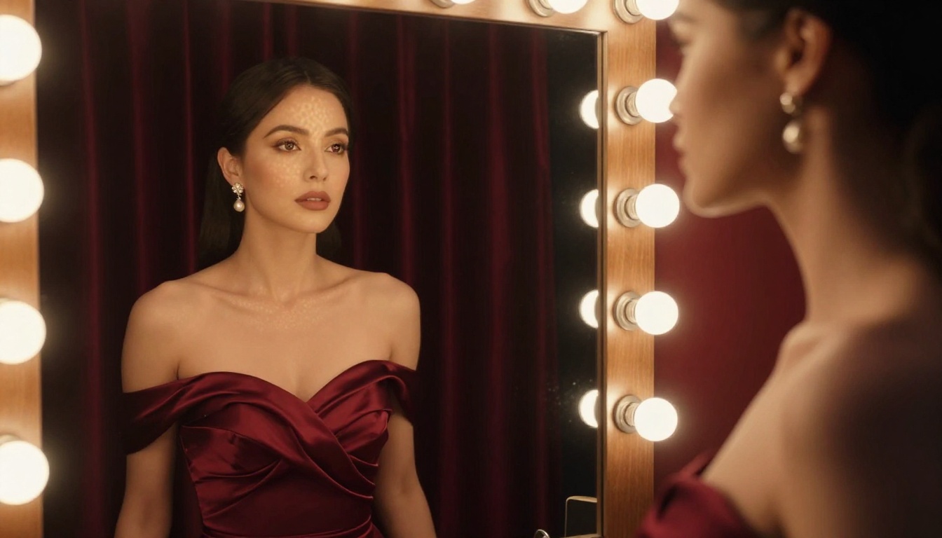 Side profile of woman in burgundy gown at vanity mirror with Hollywood lighting Side profile of woman in burgundy gown at vanity mirror with Hollywood lighting