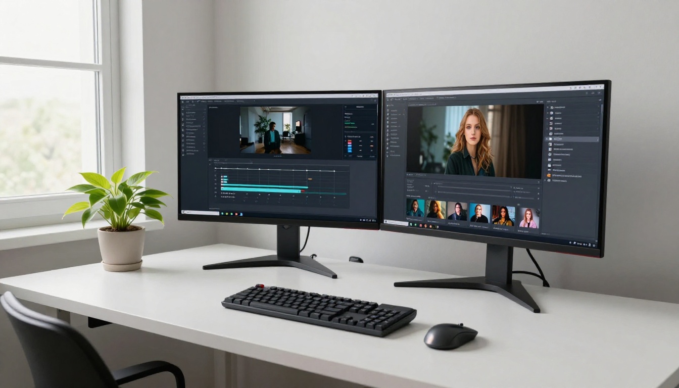 Modern dual-monitor AI workspace with natural window light Modern dual-monitor AI workspace with natural window light
