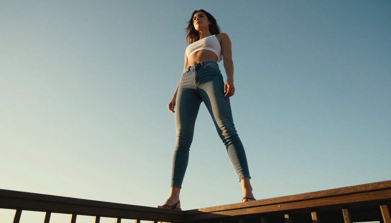 Low-angle shot emphasizing leg proportions