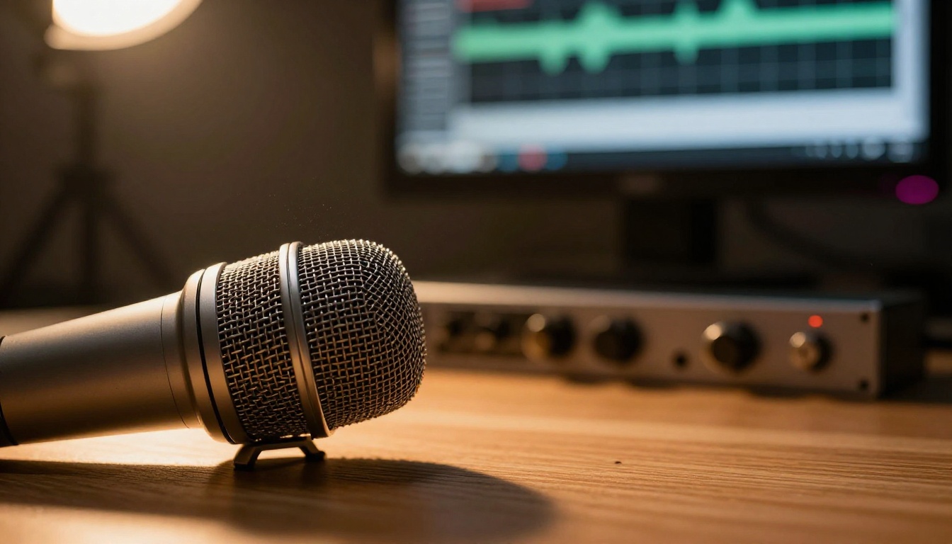 Microphone on studio desk with warm golden light and audio waveform bokeh in background