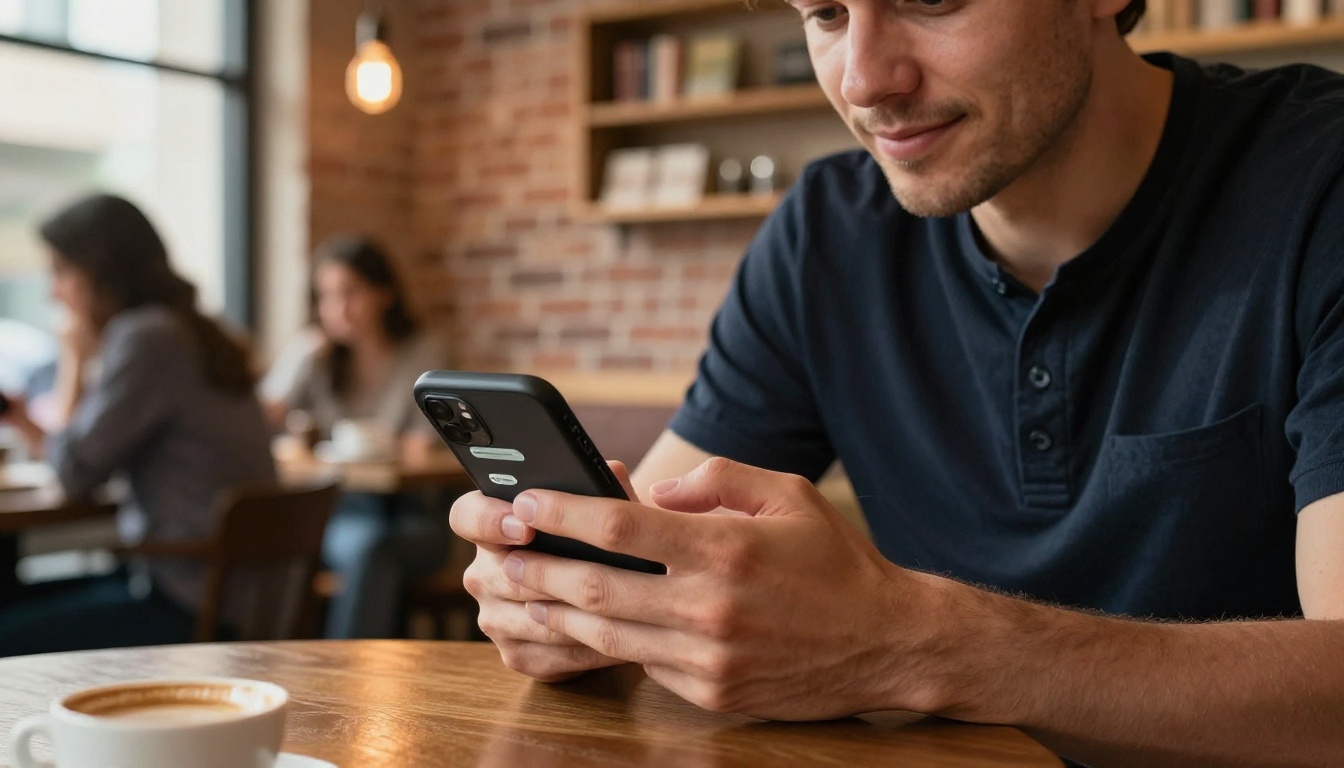 Man in cozy coffee shop holding smartphone with AI chat interface and warm Edison bulb lighting