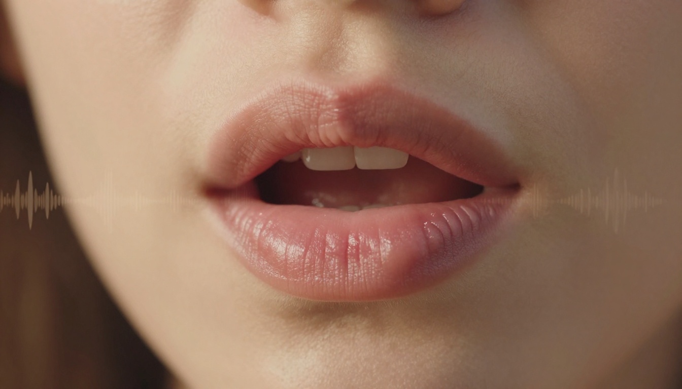 Close-up of lips mid-speech with warm directional light and subtle concentric sound rings