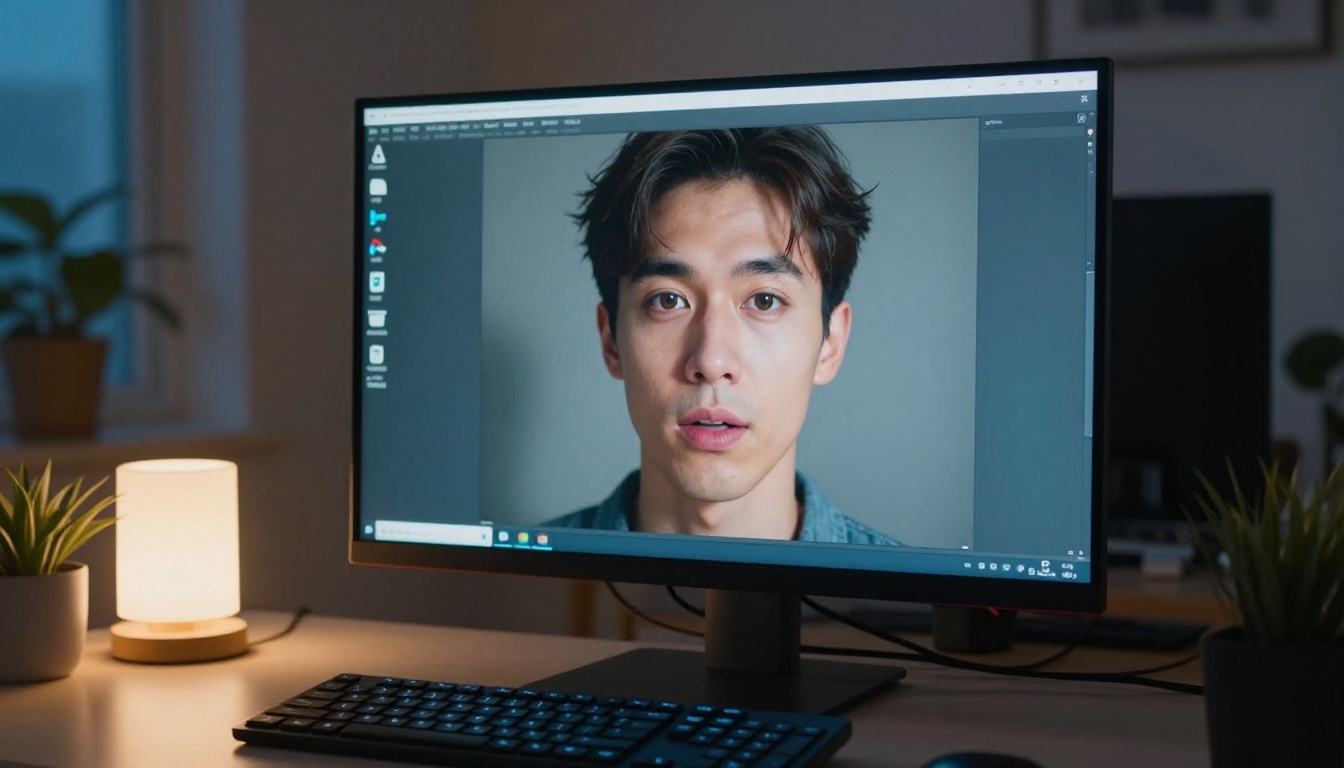 Home office desk with monitor displaying realistic AI avatar, warm lamp contrasting cool screen glow