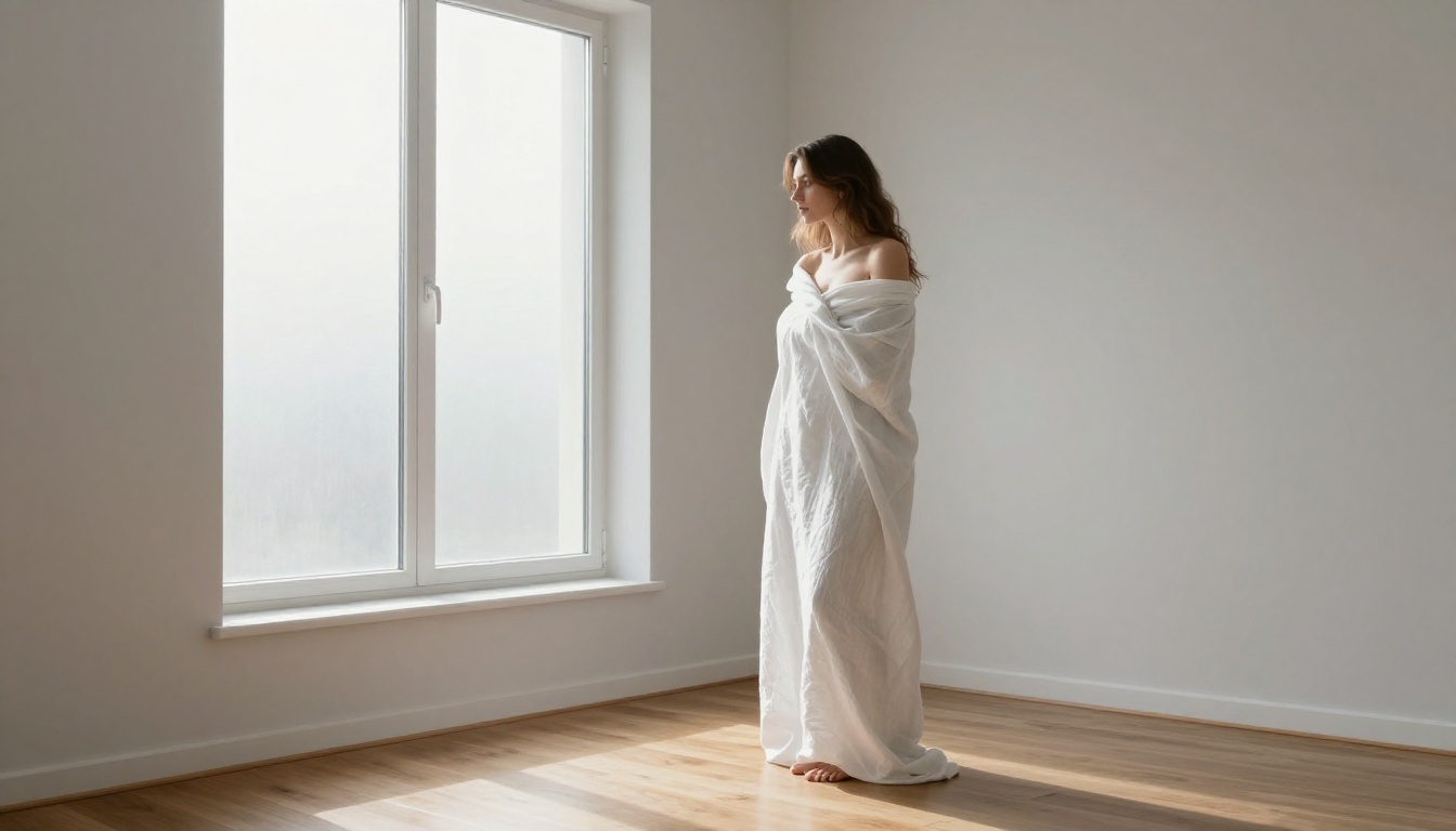 Woman in minimalist Scandinavian bedroom wrapped in white linen with dawn light Woman in minimalist Scandinavian bedroom wrapped in white linen with dawn light