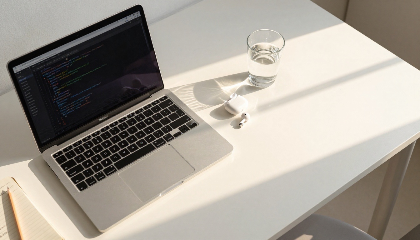 Aerial overhead flat-lay of MacBook with code, earbuds, notebook, and pencil on white desk
