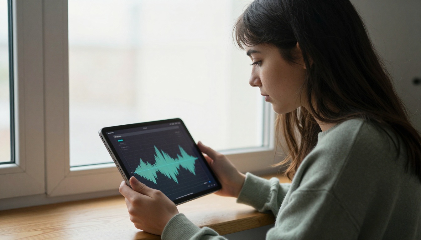 Woman holding tablet with audio waveform visualization, rim light from window behind her
