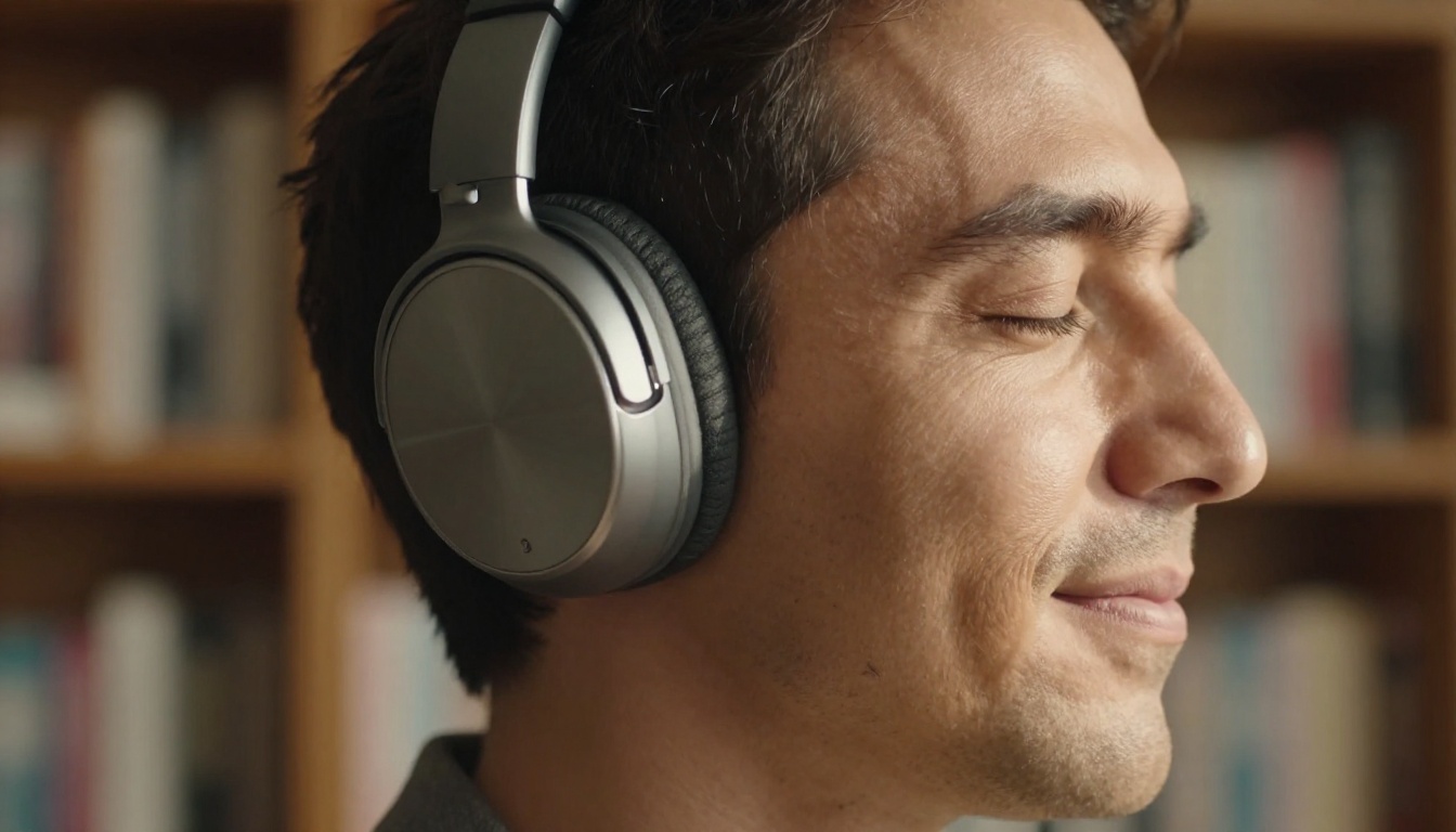 Man with over-ear headphones, eyes closed and smiling, warm afternoon light on profile