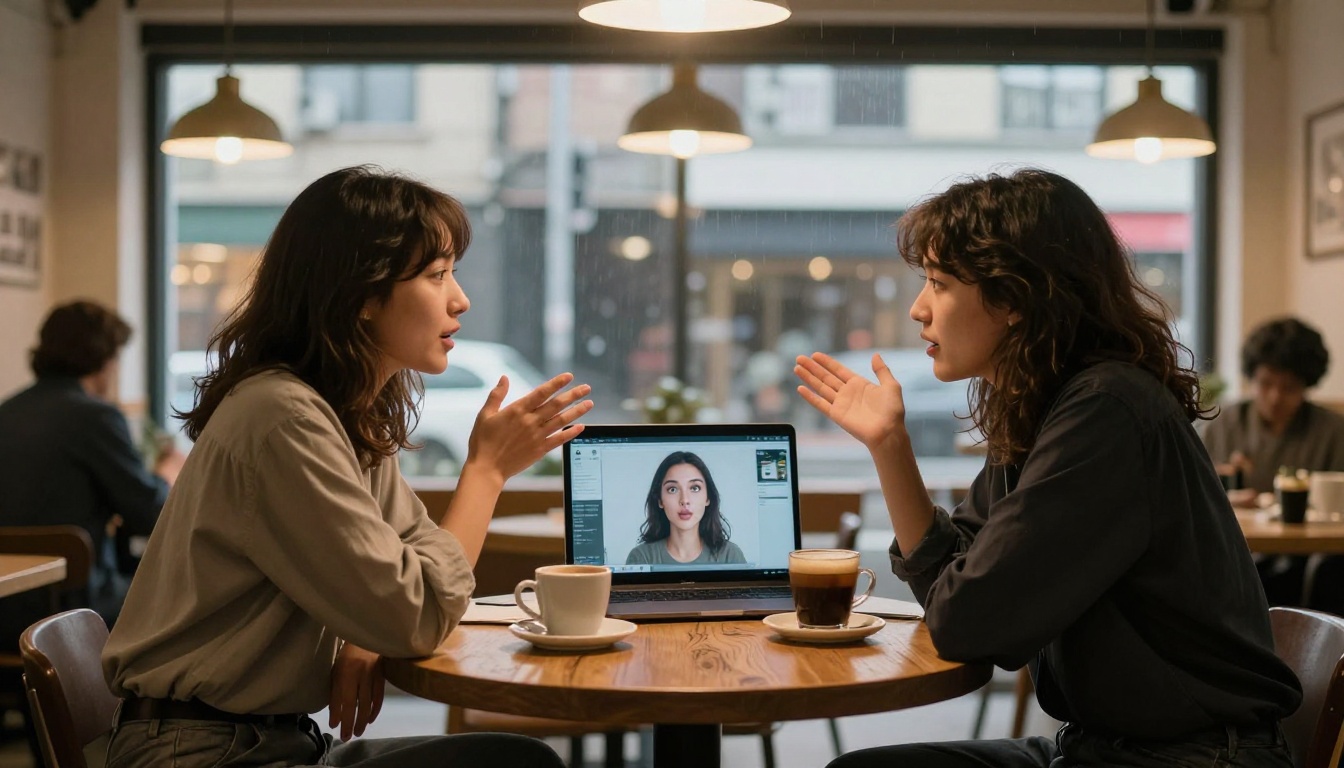 Two people at a cafe table, one facing a laptop showing an AI avatar in natural conversation