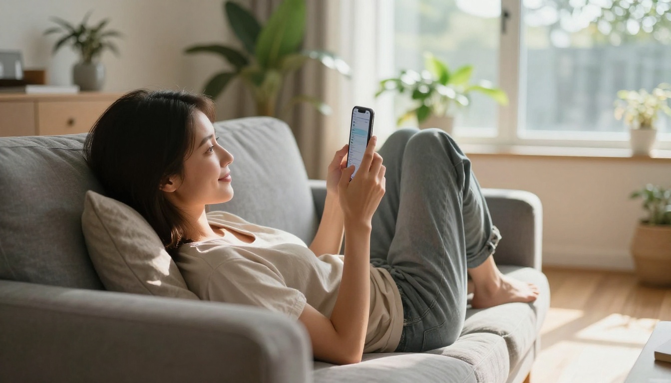 Woman on gray sofa holding smartphone above her face, smiling at AI chat, warm afternoon light