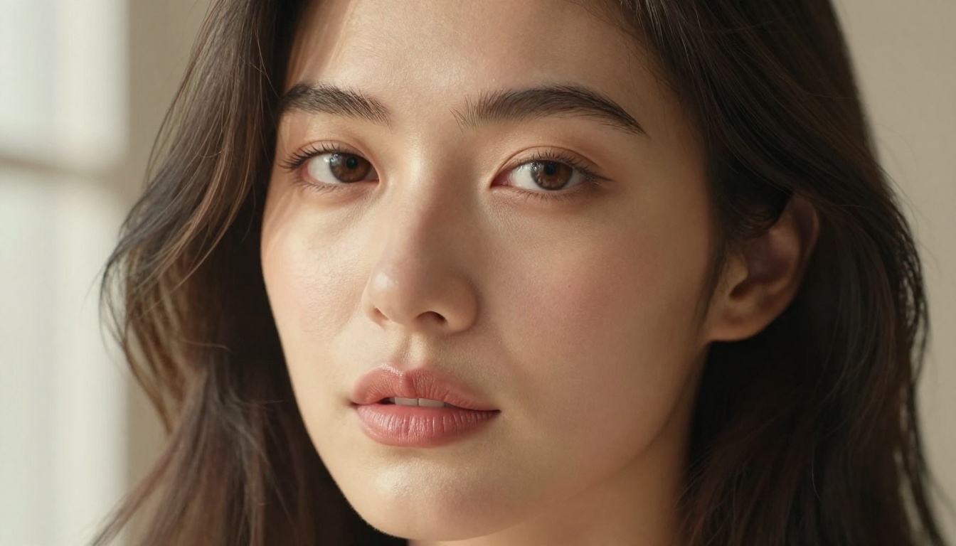 Close-up portrait of a beautiful woman with natural skin texture, soft morning window light
