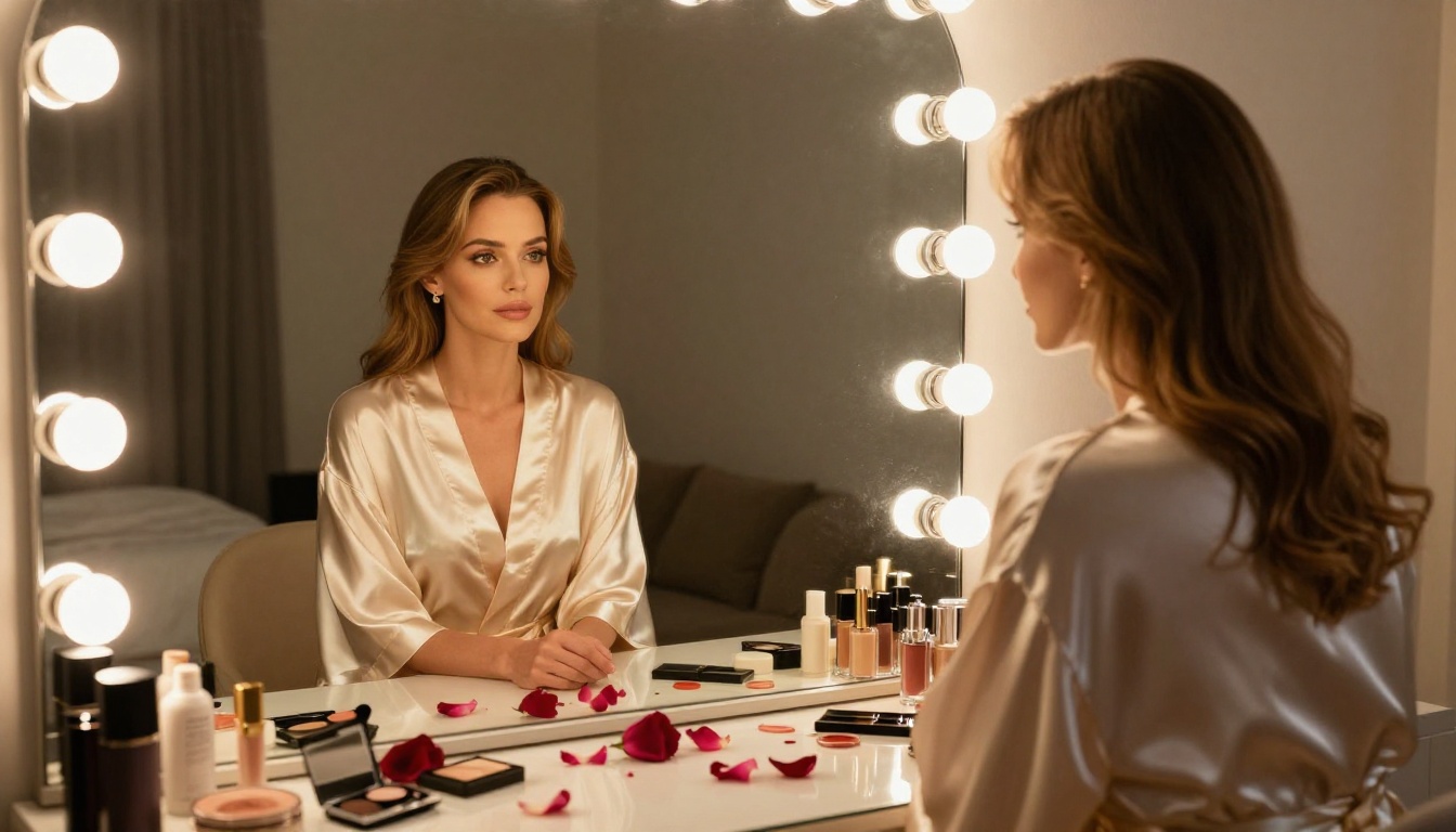 Woman at Hollywood-style vanity mirror with warm incandescent bulb lighting Woman at Hollywood-style vanity mirror with warm incandescent bulb lighting