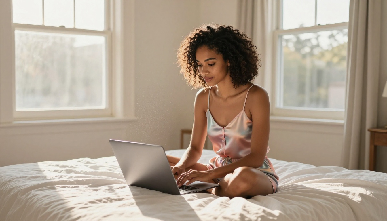 Woman relaxed on a bed with laptop, soft morning light through tall windows