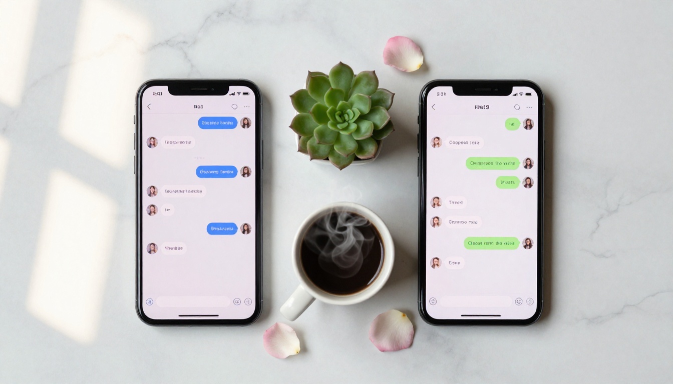 Two smartphones side by side on white marble with chat interfaces, natural morning light