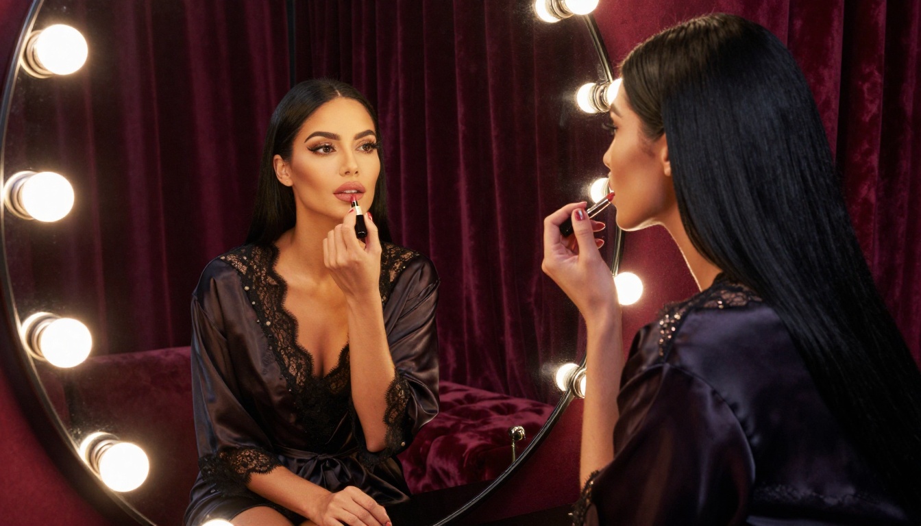 Woman at vanity mirror applying lipstick, warm boudoir lighting from round bulb mirror