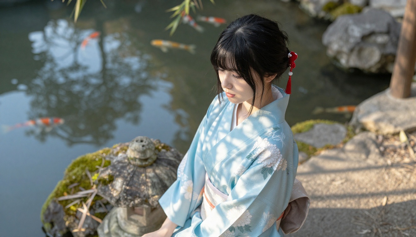 Beautiful young woman in traditional Japanese yukata in a serene garden at dawn, photorealistic photography Beautiful young woman in traditional Japanese yukata in a serene garden at dawn, photorealistic photography