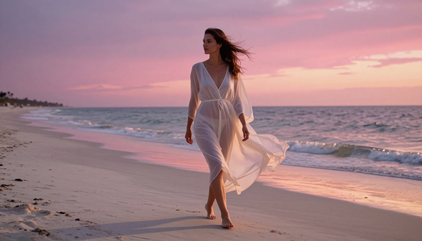 Woman in sheer beach coverup on pristine white sand beach at magic hour sunset Woman in sheer beach coverup on pristine white sand beach at magic hour sunset
