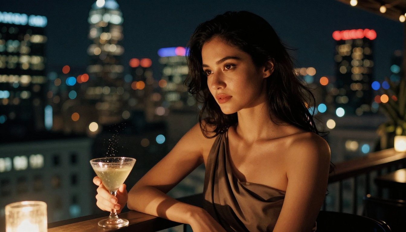 Woman in elegant off-shoulder dress at rooftop bar with cosmopolitan city skyline at night Woman in elegant off-shoulder dress at rooftop bar with cosmopolitan city skyline at night