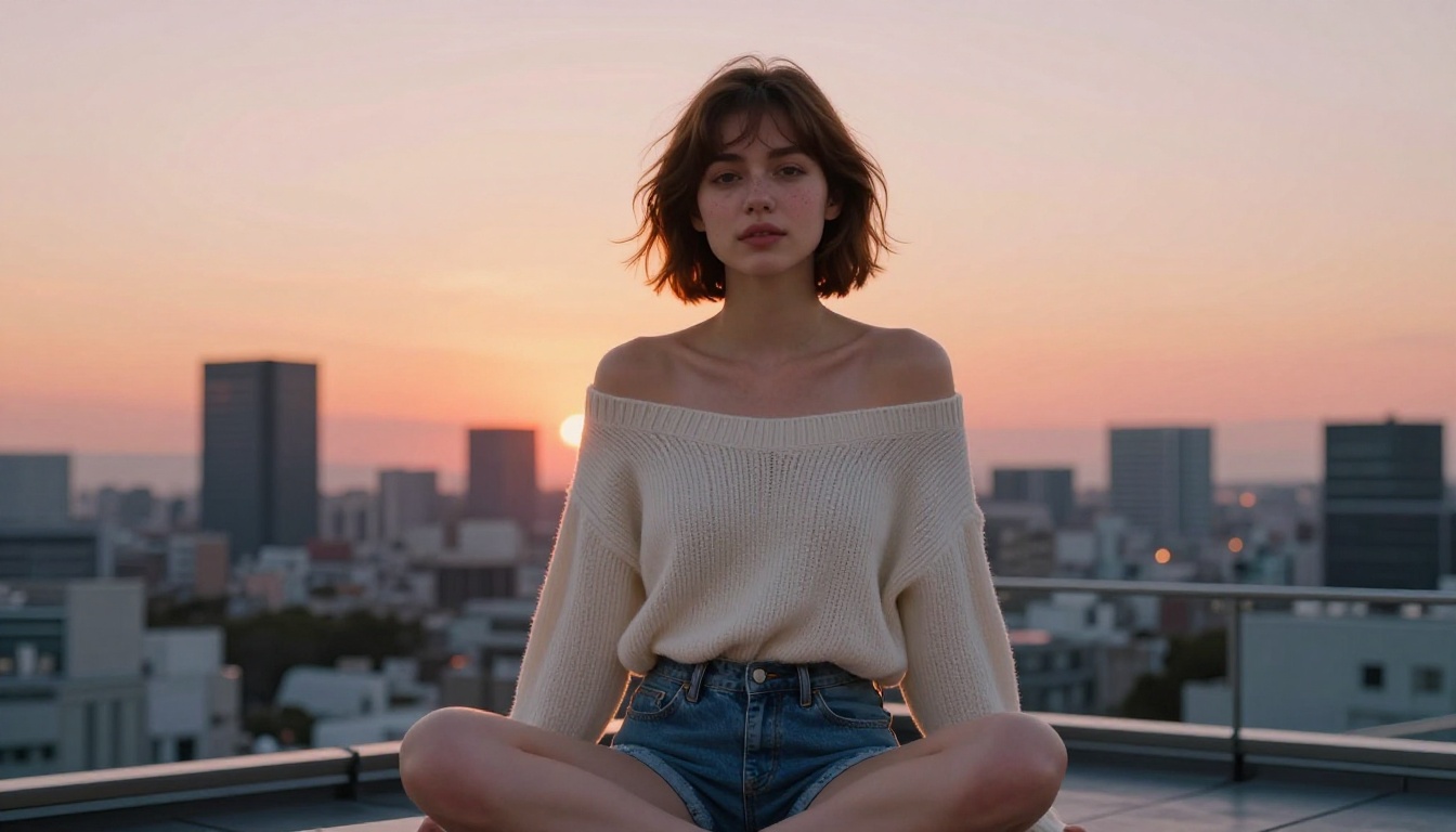 Beautiful woman sitting on Tokyo rooftop at sunset, golden hour city skyline, cinematic photography Beautiful woman sitting on Tokyo rooftop at sunset, golden hour city skyline, cinematic photography