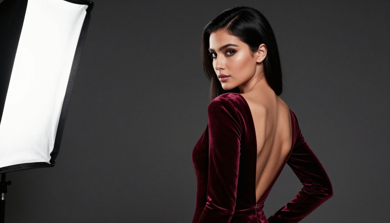 Beautiful woman in burgundy velvet evening gown, dramatic Rembrandt studio lighting, professional photography Beautiful woman in burgundy velvet evening gown, dramatic Rembrandt studio lighting, professional photography