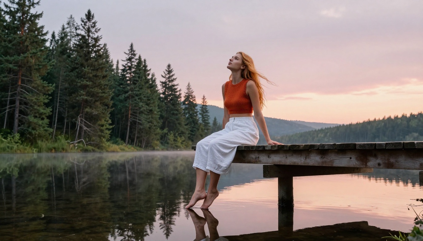 Beautiful woman sitting at the edge of a mountain lake pier at dawn, pastel sky reflection in still water, photorealistic Beautiful woman sitting at the edge of a mountain lake pier at dawn, pastel sky reflection in still water, photorealistic