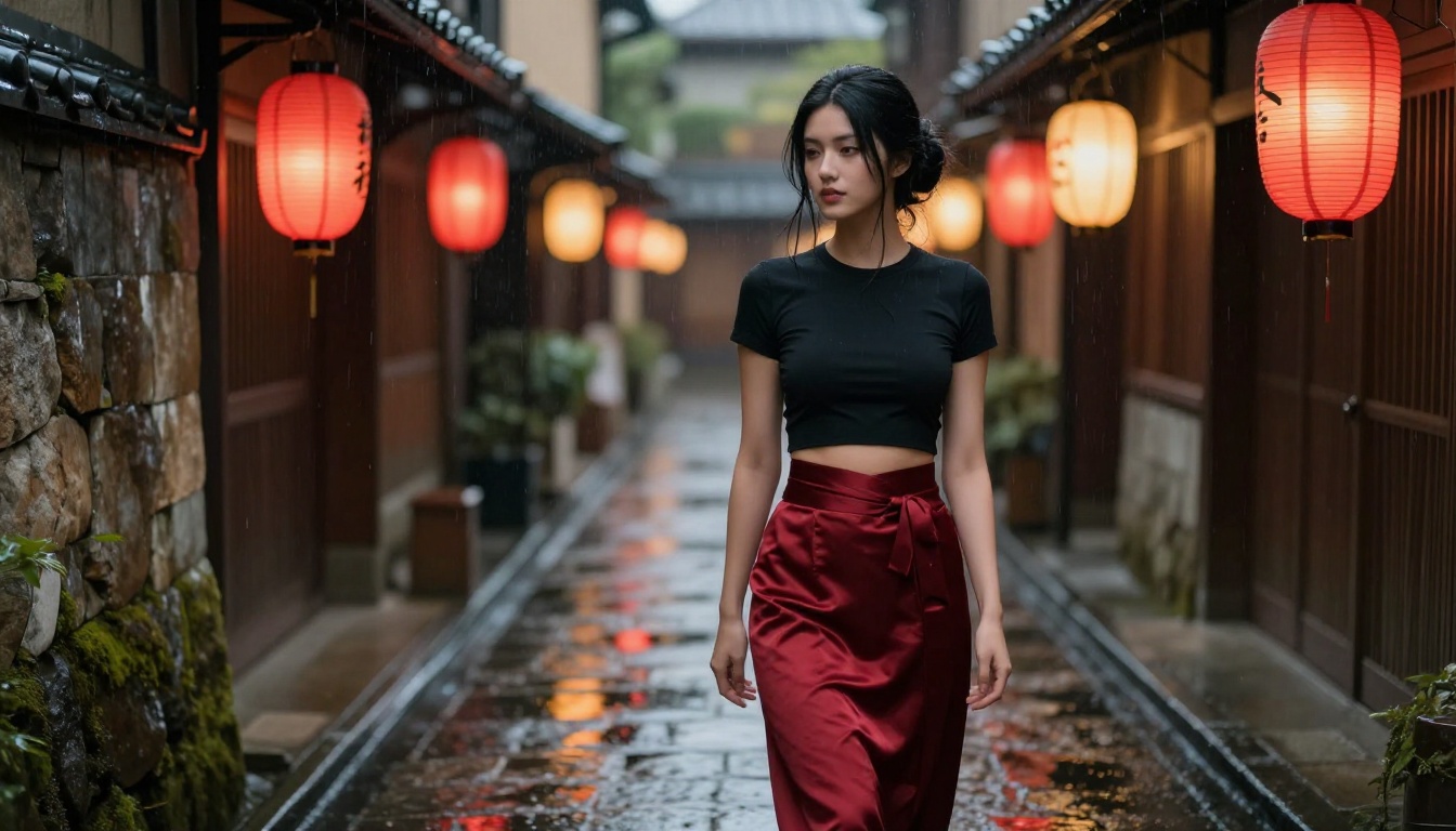 Beautiful woman in traditional Kyoto lantern alleyway at dusk, warm amber light on wet cobblestones, photorealistic Beautiful woman in traditional Kyoto lantern alleyway at dusk, warm amber light on wet cobblestones, photorealistic