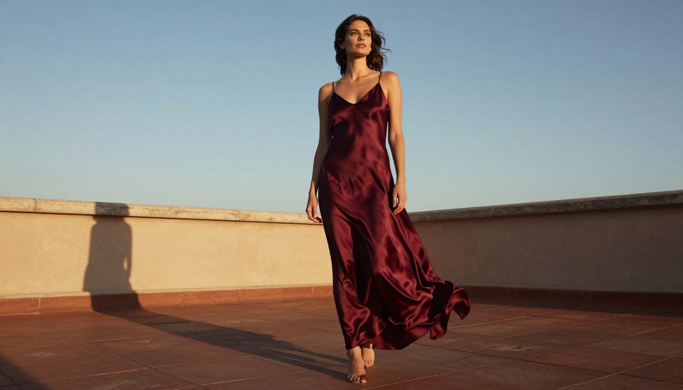 Woman in silk dress on Roman rooftop showing dramatic lighting and fabric detail Woman in silk dress on Roman rooftop showing dramatic lighting and fabric detail