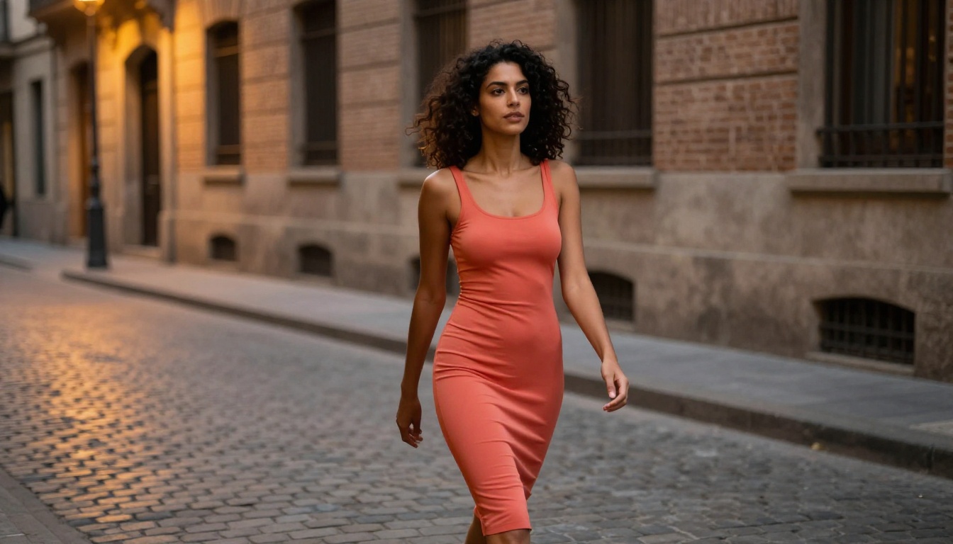 Woman in coral dress on Barcelona street at dusk showing cinematic atmosphere Woman in coral dress on Barcelona street at dusk showing cinematic atmosphere