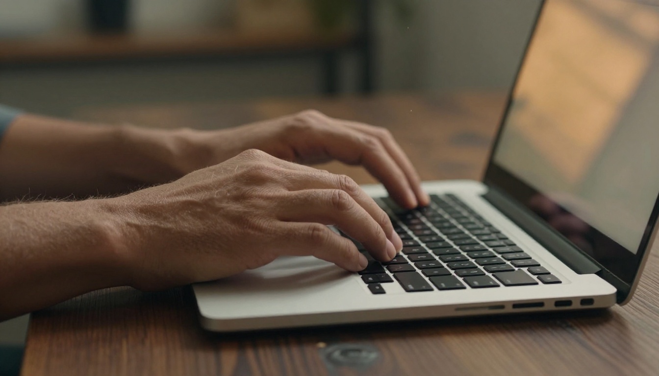 Man's hands typing on a sleek laptop keyboard, screen reflecting warm amber light, dark wooden desk surface, shallow depth of field