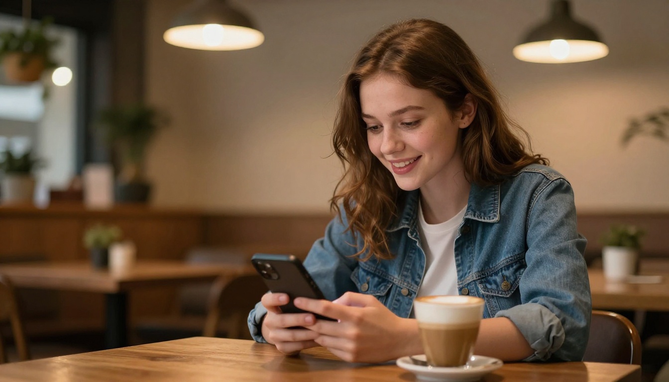 Woman at cafe engaged with her AI companion app