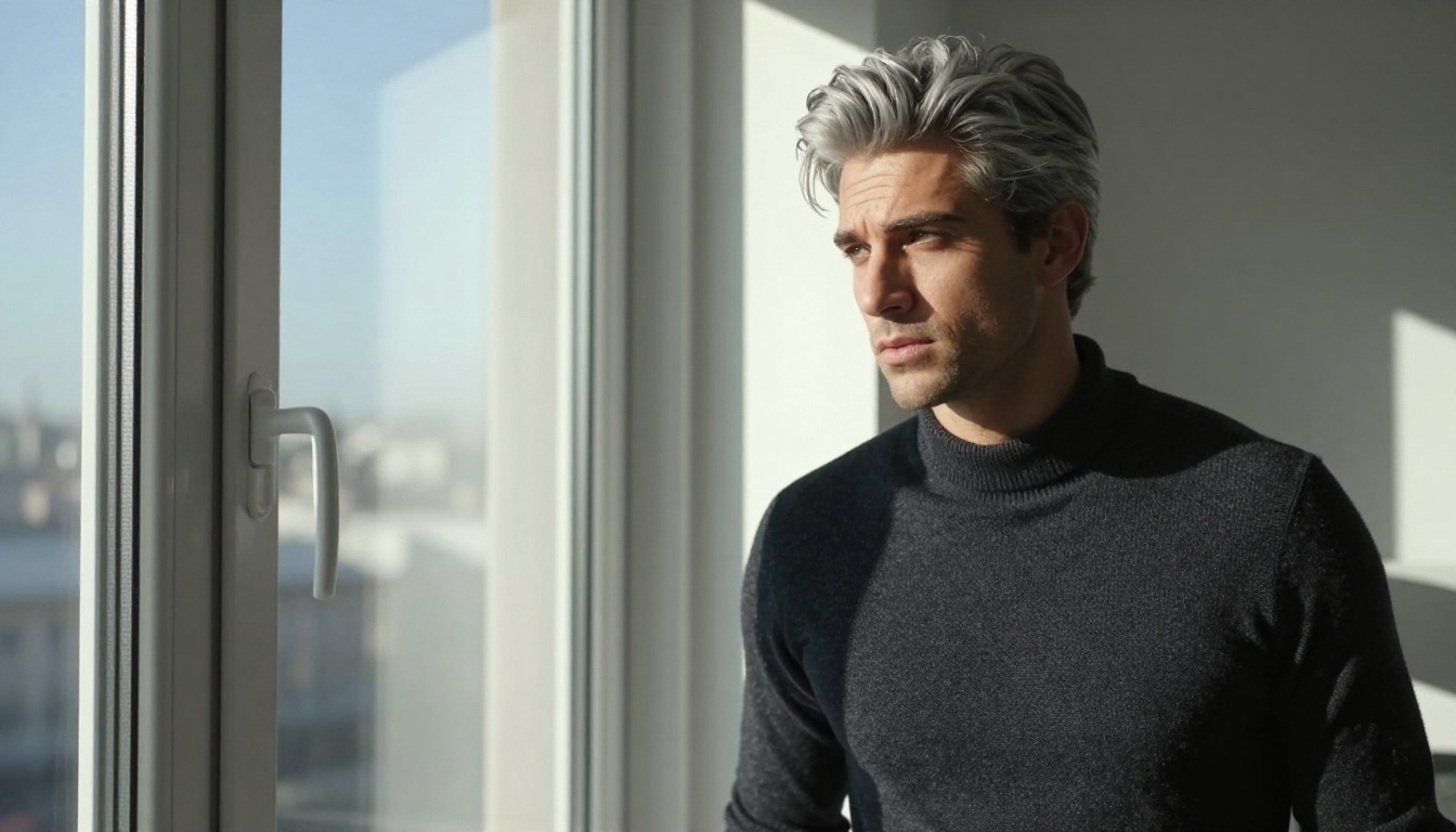Handsome man with silver-grey stylish hair, dark fitted turtleneck sweater, dramatic morning light from large window, cityscape softly blurred behind