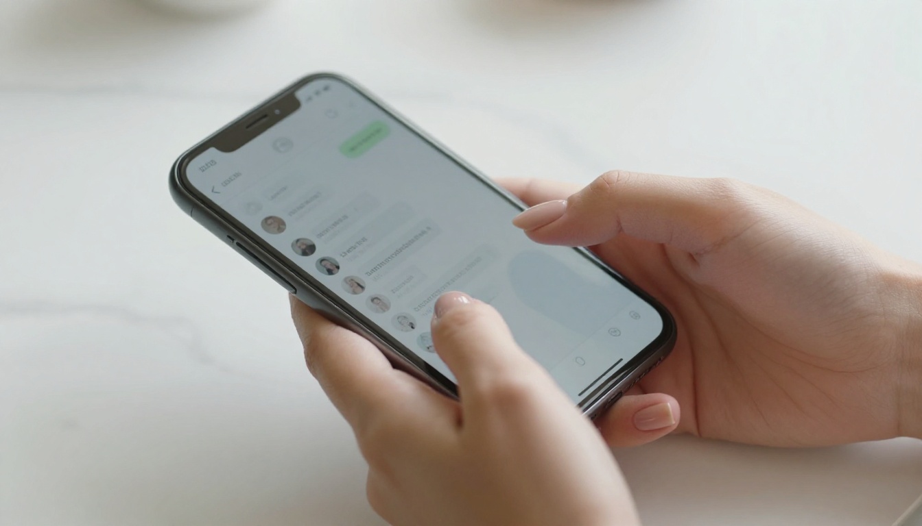 Hands holding smartphone mid-conversation