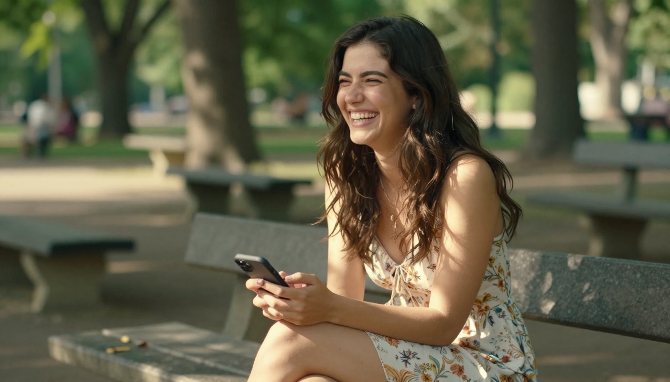 Woman laughing at her phone in the park
