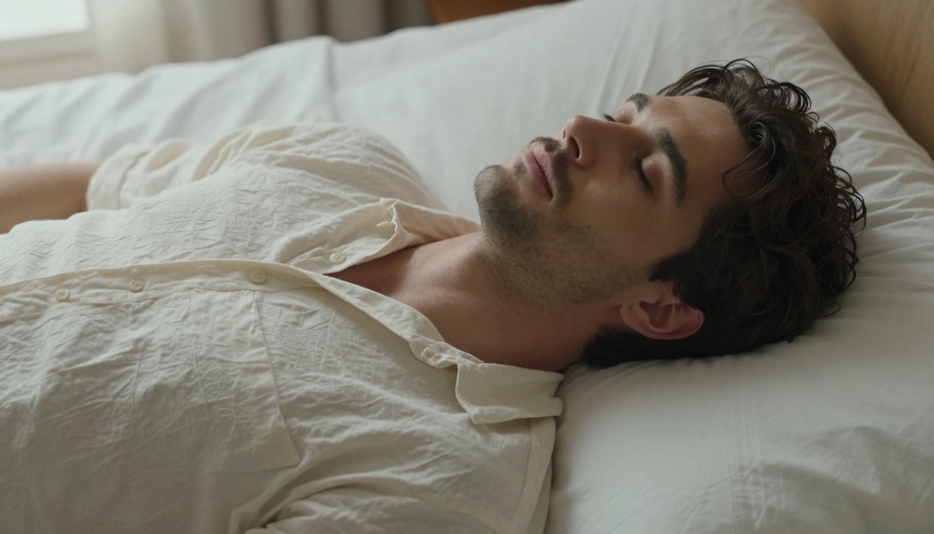 Man lying on white linen sheets, cream shirt open at collar, dark hair spread on pillow, aerial overhead composition, soft diffused morning light creating gentle shadows across the fabric