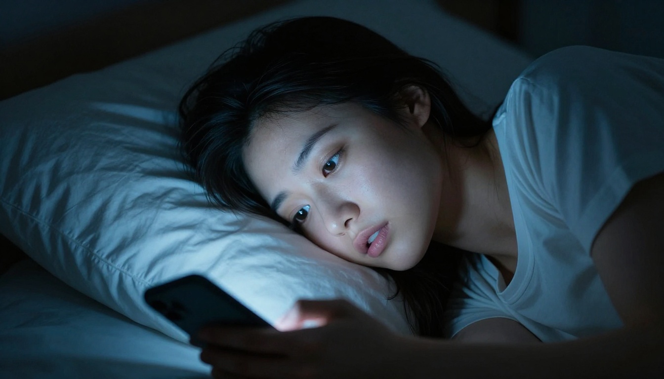 Woman at night engaged with phone by soft screen glow