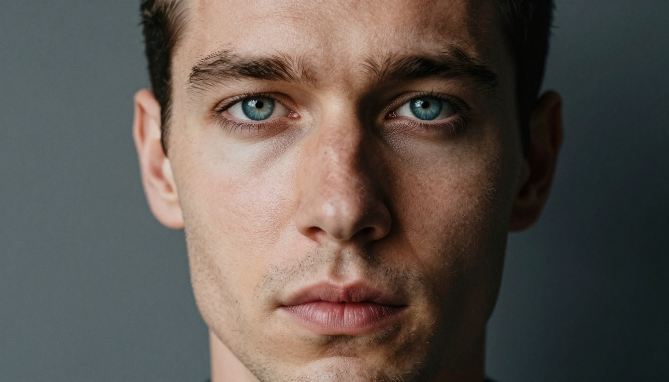 Extreme close-up portrait of a man with striking blue-green eyes with visible iris texture, defined jaw with light stubble, dramatic Rembrandt side lighting, dark grey concrete wall background