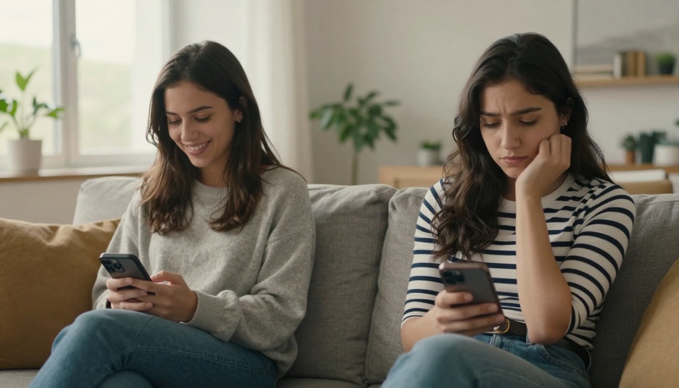 Two women comparing phone reactions side by side