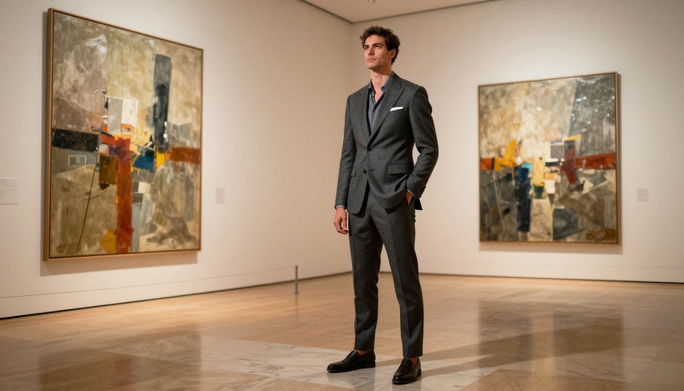 Tall man in tailored charcoal grey suit with fine wool texture, standing in modern art museum gallery, warm gallery spotlights creating dramatic floor reflections, low camera angle establishing confident presence